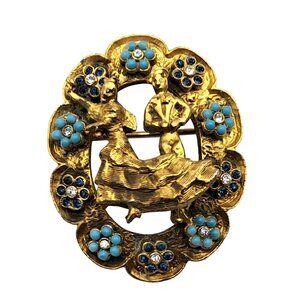 Vintage DeNicola Rhinestone Brooch Dancing Couple Blue Clear Stone Ballotini Bea